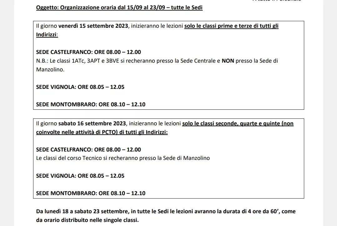 Istituto di Istruzione Superiore Lazzaro Spallanzani | Orario 15-16 settembre 2023 di Castelfranco e Manzolino