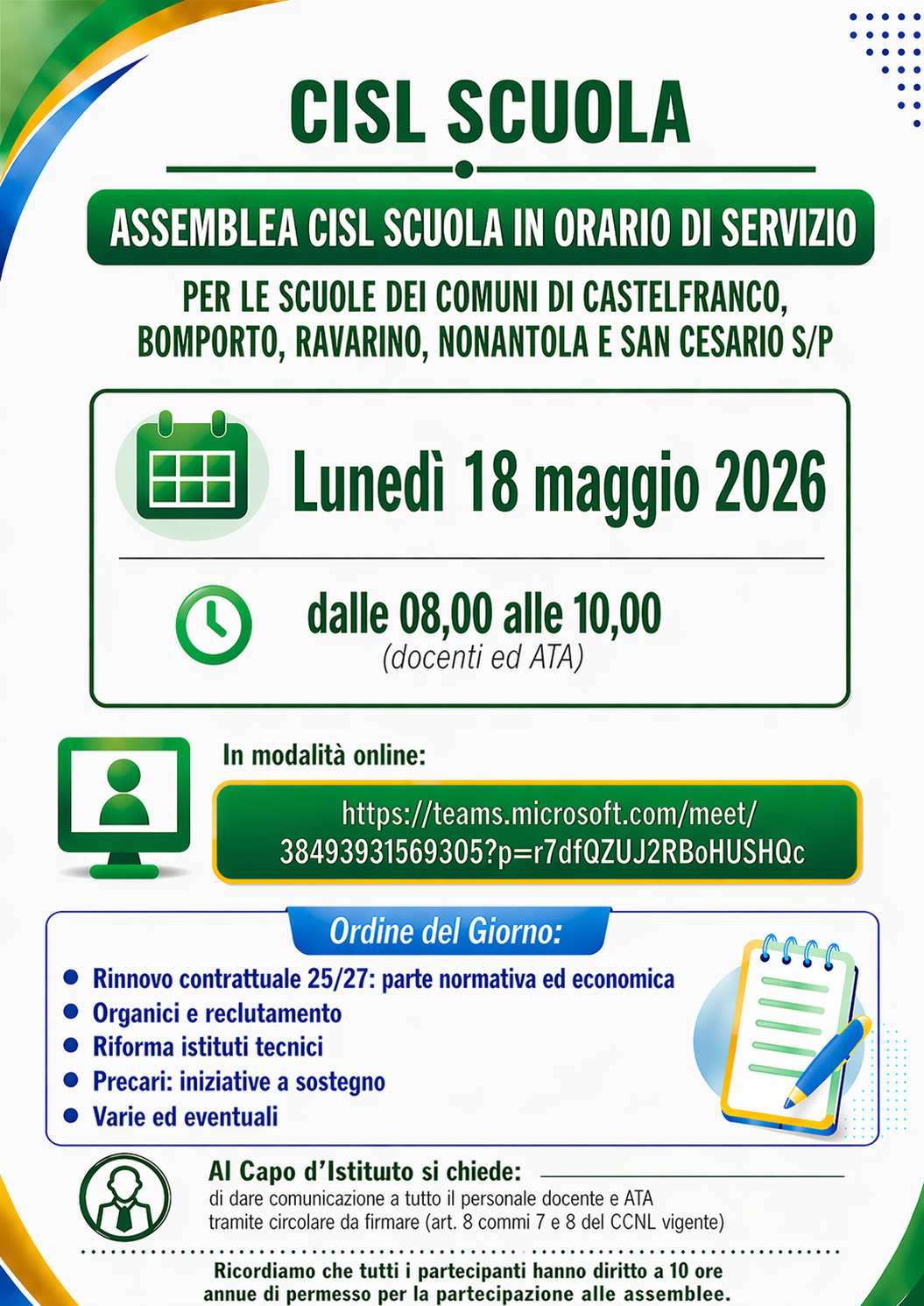 Istituto di Istruzione Superiore Lazzaro Spallanzani | Assemblea sindacale CISL SCUOLA del 18.05.2026 in orario di servizio - allegato